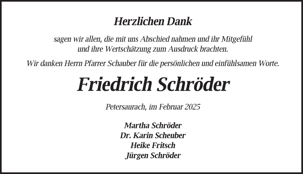  Traueranzeige für Friedrich Schröder vom 01.02.2025 aus Ansbach