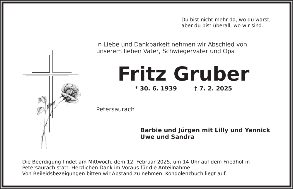  Traueranzeige für Fritz Gruber vom 10.02.2025 aus Ansbach