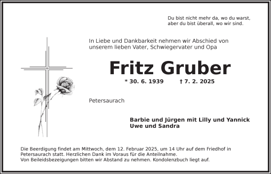 Traueranzeige von Fritz Gruber von Ansbach
