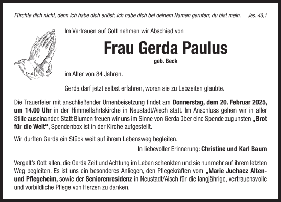 Traueranzeige von Gerda Paulus von Neustadt/ Scheinfeld/ Uffenheim