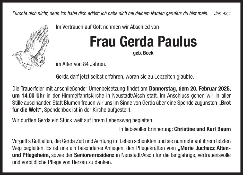  Traueranzeige für Gerda Paulus vom 15.02.2025 aus Neustadt/ Scheinfeld/ Uffenheim