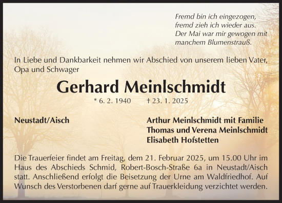 Traueranzeige von Gerhard Meinlschmidt von Neustadt/ Scheinfeld/ Uffenheim