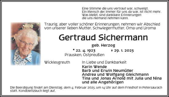 Traueranzeige von Gertraud Sichermann von Ansbach