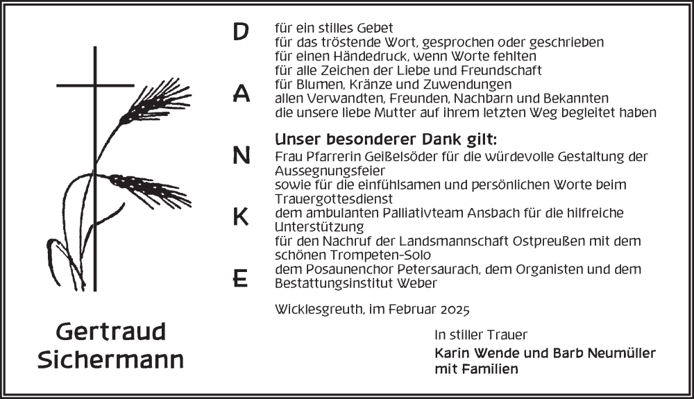  Traueranzeige für Gertraud Sichermann vom 15.02.2025 aus Ansbach
