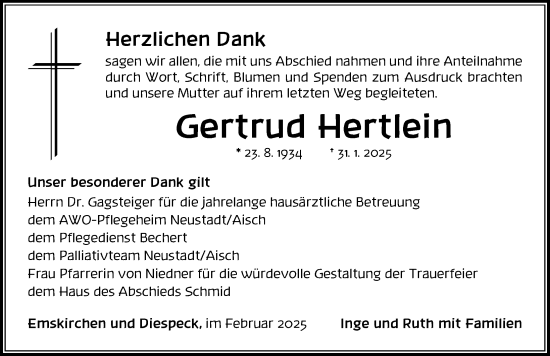 Traueranzeige von Gertrud Hertlein von Neustadt/ Scheinfeld/ Uffenheim