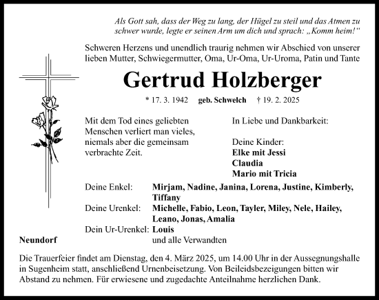 Traueranzeige von Gertrud Holzberger von Neustadt/ Scheinfeld/ Uffenheim