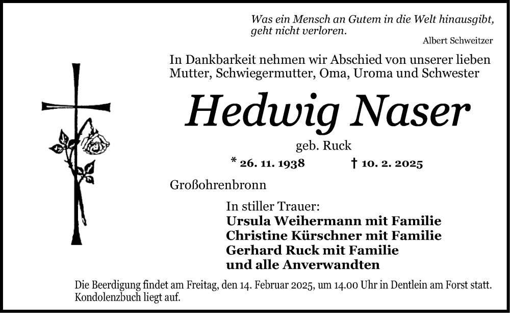  Traueranzeige für Hedwig Naser vom 13.02.2025 aus Dinkelsbühl/ Feuchtwangen