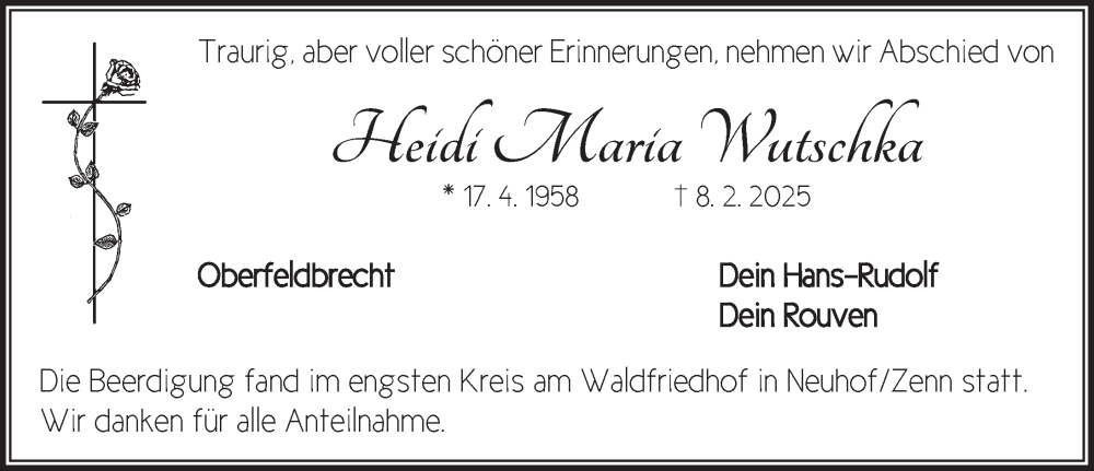  Traueranzeige für Heidi Maria Wutschka vom 15.02.2025 aus Neustadt/ Scheinfeld/ Uffenheim