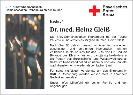 Traueranzeige von Heinz Gleiß von Rothenburg