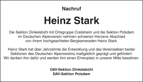 Traueranzeige von Heinz Stark von Dinkelsbühl/ Feuchtwangen