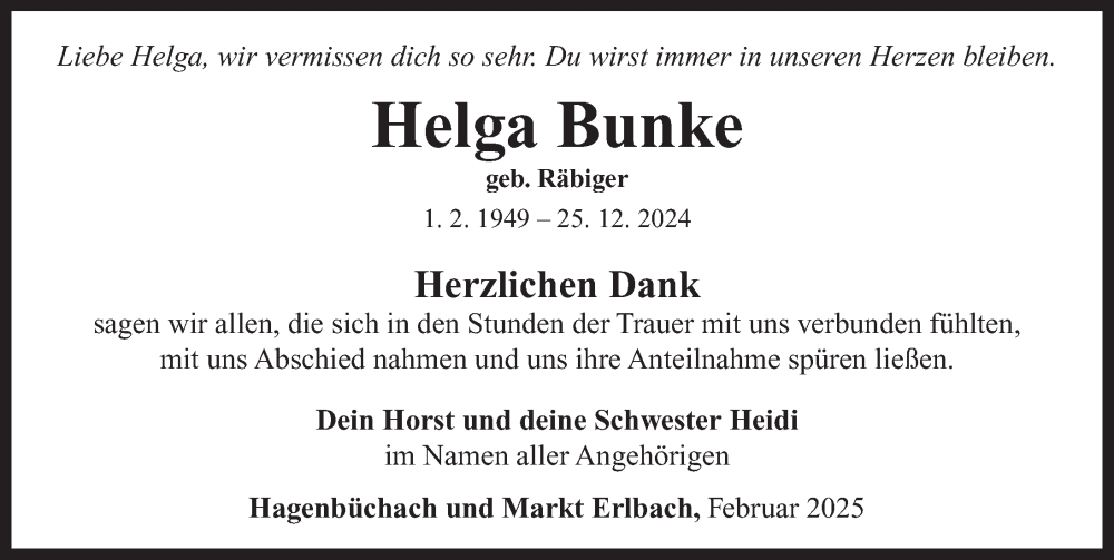  Traueranzeige für Helga Bunke vom 07.02.2025 aus Neustadt/ Scheinfeld/ Uffenheim