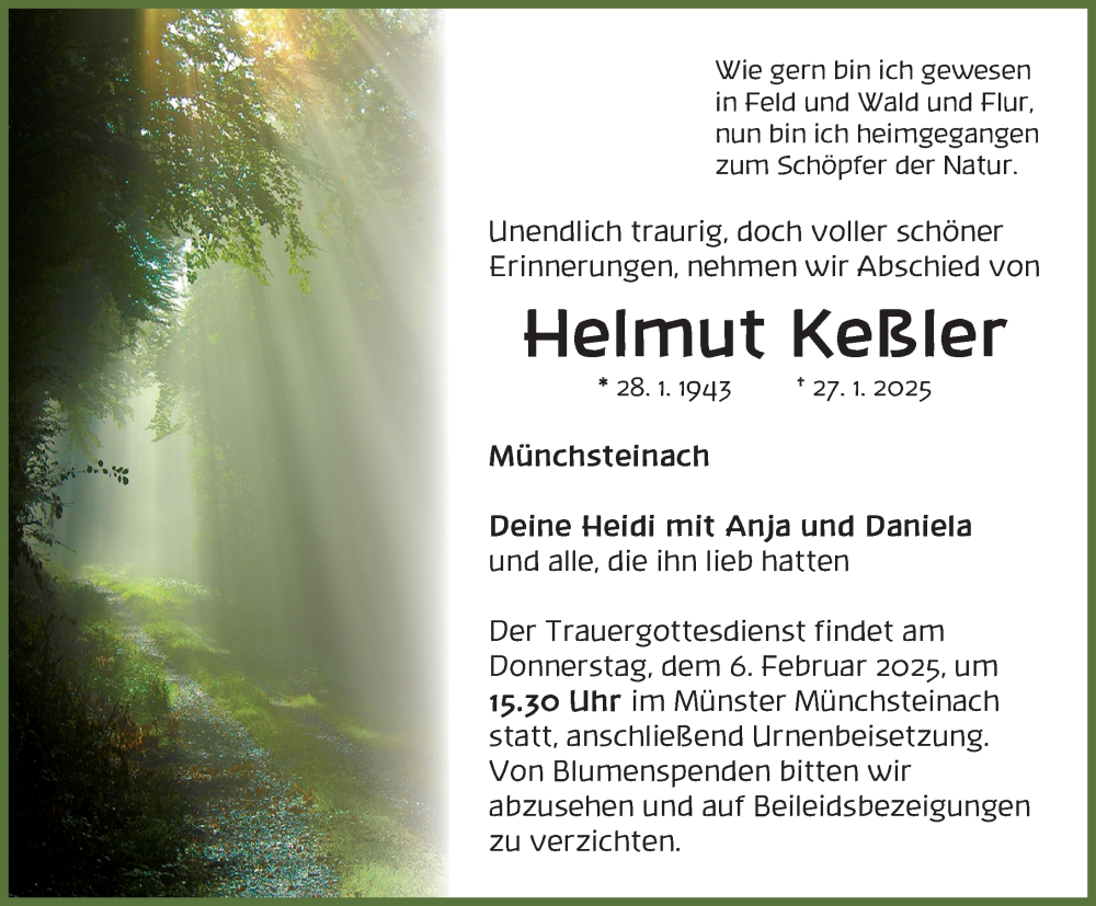 Traueranzeige für Helmut Keßler vom 01.02.2025 aus Neustadt/ Scheinfeld/ Uffenheim