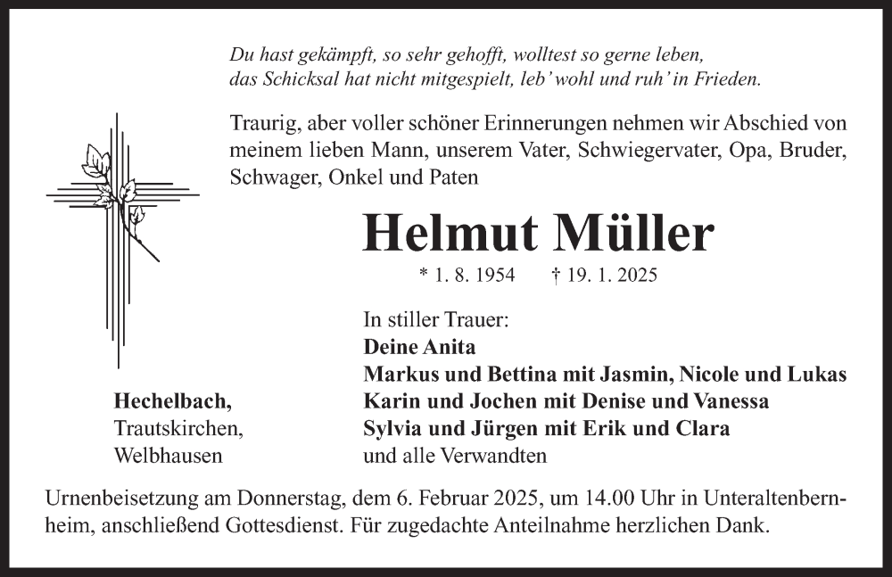  Traueranzeige für Helmut Müller vom 01.02.2025 aus Neustadt/ Scheinfeld/ Uffenheim