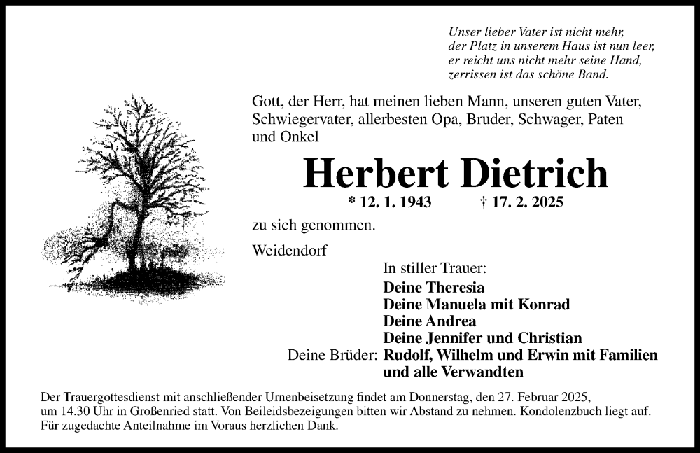  Traueranzeige für Herbert Dietrich vom 25.02.2025 aus Ansbach