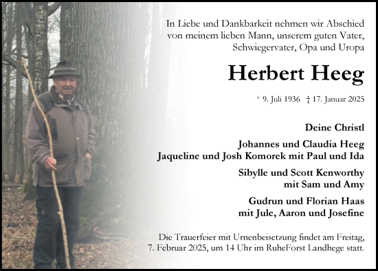Traueranzeige von Herbert Heeg von Rothenburg
