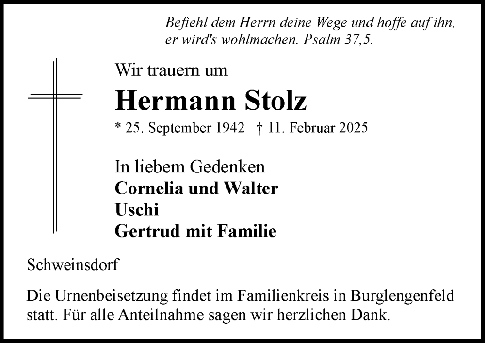  Traueranzeige für Hermann Stolz vom 15.02.2025 aus Rothenburg
