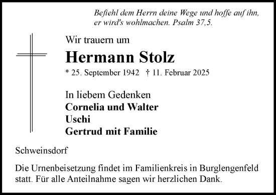 Traueranzeige von Hermann Stolz von Rothenburg