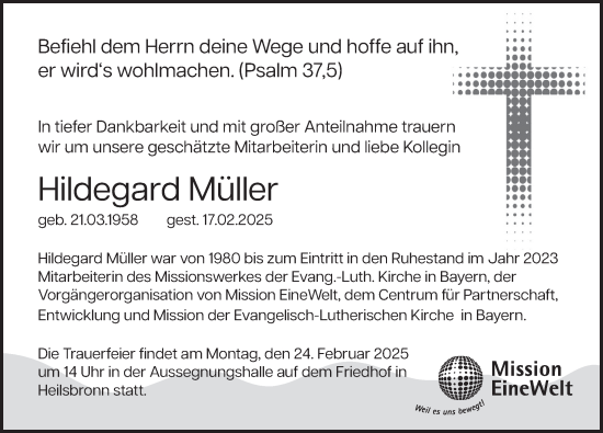 Traueranzeige von Hildegard Müller von Ansbach