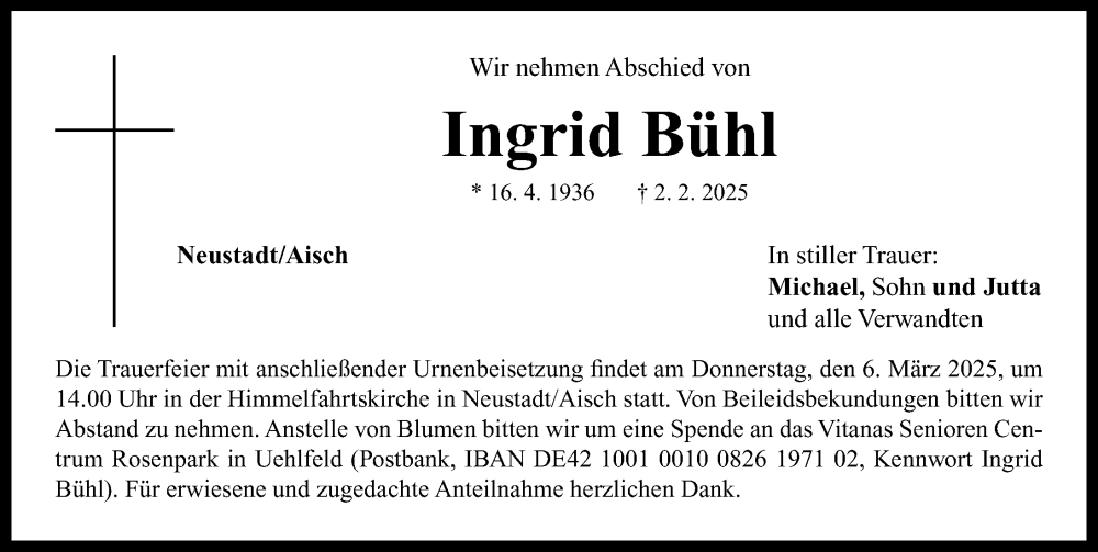  Traueranzeige für Ingrid Bühl vom 01.03.2025 aus Neustadt/ Scheinfeld/ Uffenheim