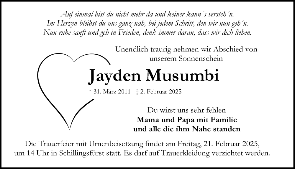  Traueranzeige für Jayden Musumbi vom 18.02.2025 aus Rothenburg