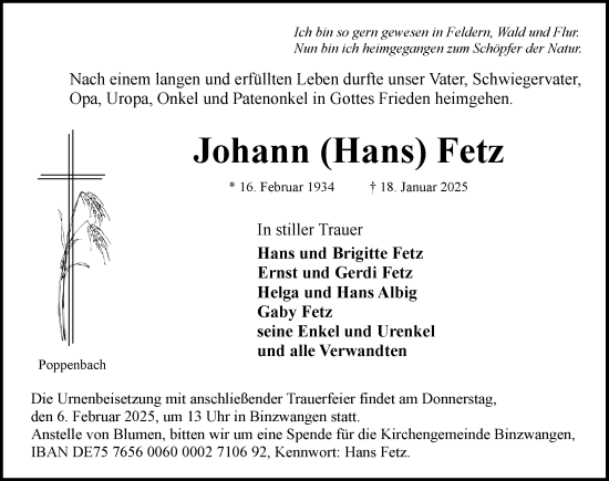 Traueranzeige von Johann Fetz von Ansbach