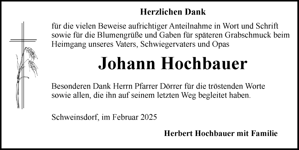  Traueranzeige für Johann Hochbauer vom 08.02.2025 aus Rothenburg