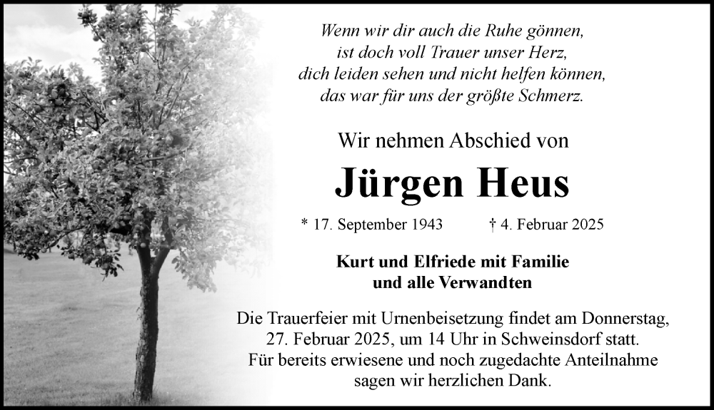  Traueranzeige für Jürgen Heus vom 22.02.2025 aus Rothenburg
