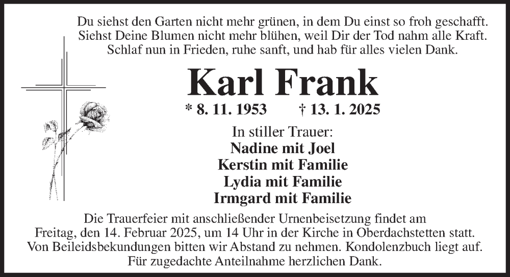  Traueranzeige für Karl Frank vom 08.02.2025 aus Ansbach