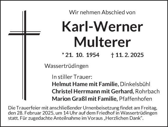 Traueranzeige von Karl-Werner Multerer von Dinkelsbühl/ Feuchtwangen