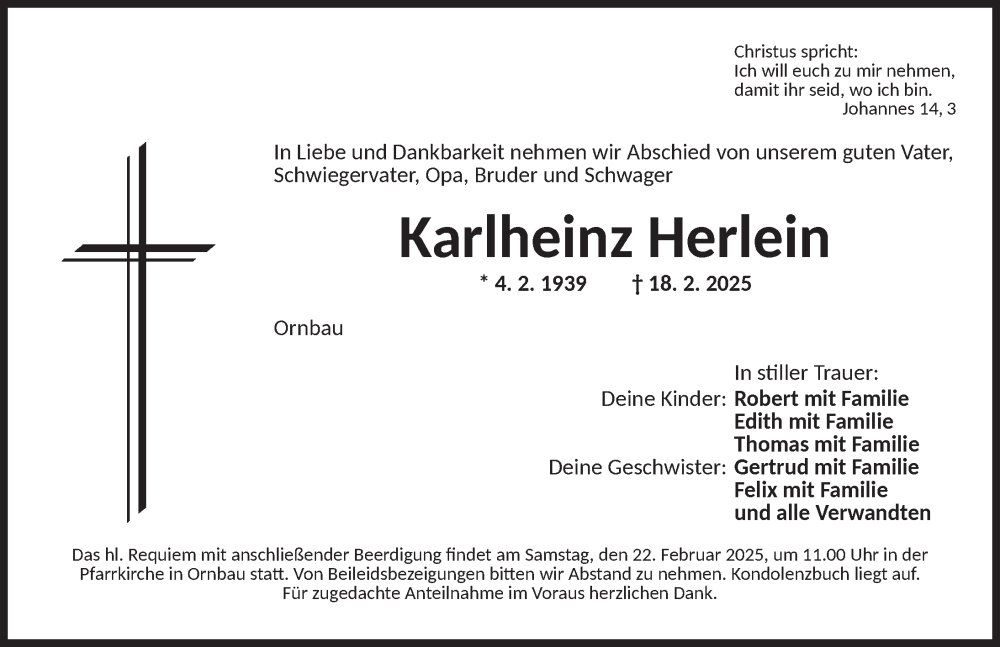  Traueranzeige für Karlheinz Herlein vom 20.02.2025 aus Ansbach