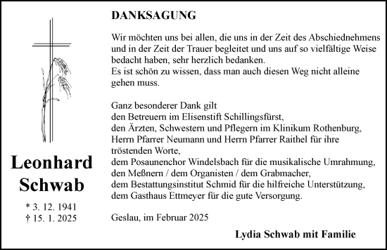Traueranzeige von Leonhard Schwab von Ansbach