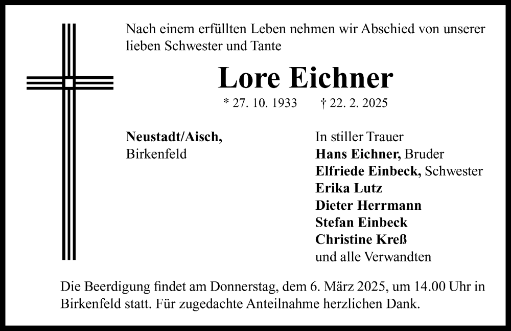  Traueranzeige für Lore Eichner vom 01.03.2025 aus Neustadt/ Scheinfeld/ Uffenheim