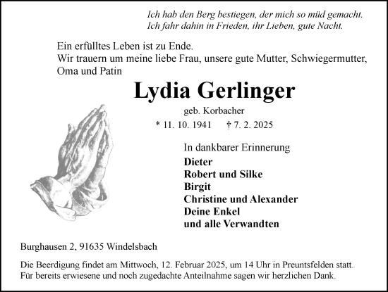 Traueranzeige von Lydia Gerlinger von Rothenburg