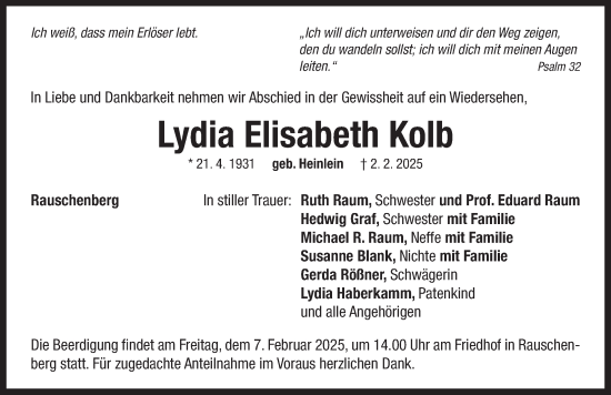 Traueranzeige von Lydia Elisabeth Kolb von Neustadt/ Scheinfeld/ Uffenheim