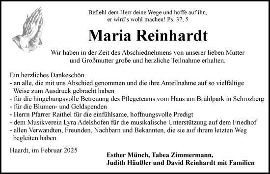 Traueranzeige von Maria Reinhardt von Rothenburg