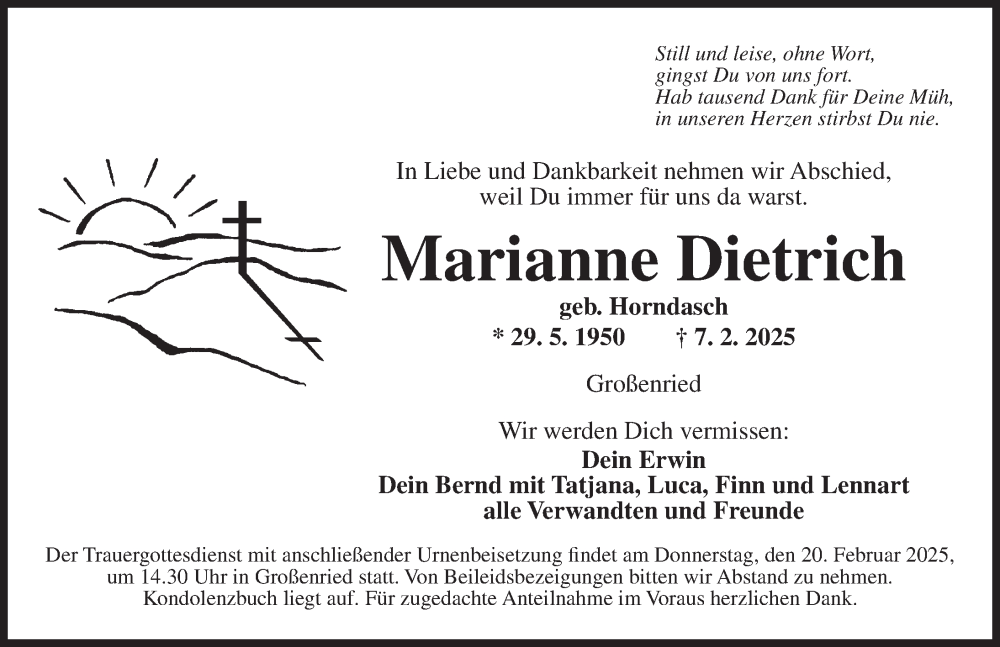  Traueranzeige für Marianne Dietrich vom 17.02.2025 aus Dinkelsbühl/ Feuchtwangen