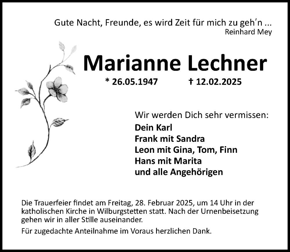  Traueranzeige für Marianne Lechner vom 25.02.2025 aus Dinkelsbühl/ Feuchtwangen
