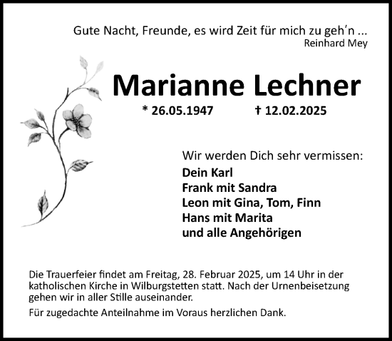 Traueranzeige von Marianne Lechner von Dinkelsbühl/ Feuchtwangen