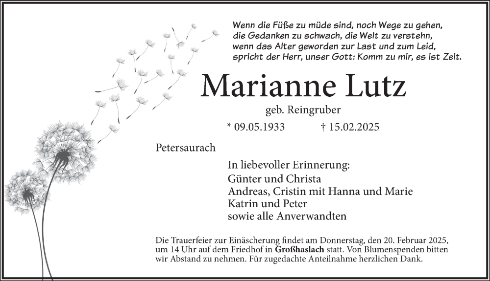  Traueranzeige für Marianne Lutz vom 18.02.2025 aus Ansbach