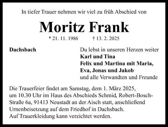 Traueranzeige von Moritz Frank von Neustadt/ Scheinfeld/ Uffenheim
