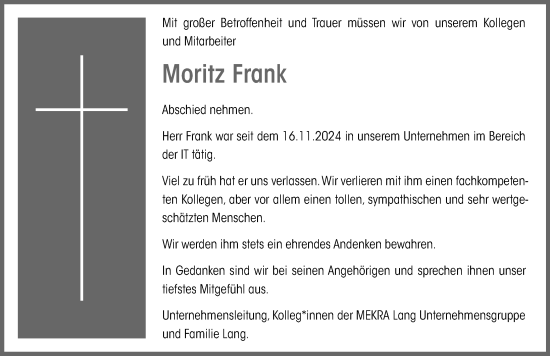 Traueranzeige von Moritz Frank von Neustadt/ Scheinfeld/ Uffenheim