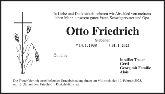 Traueranzeige von Otto Friedrich von Dinkelsbühl/ Feuchtwangen