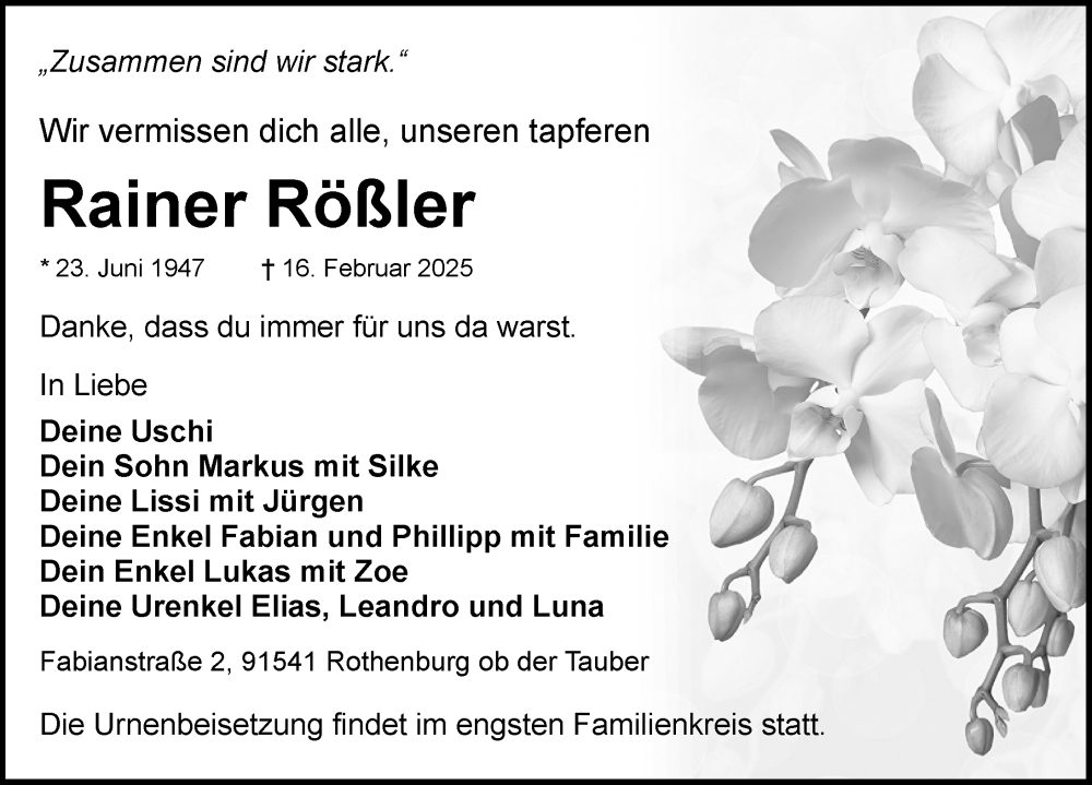  Traueranzeige für Rainer Rößler vom 21.02.2025 aus Rothenburg