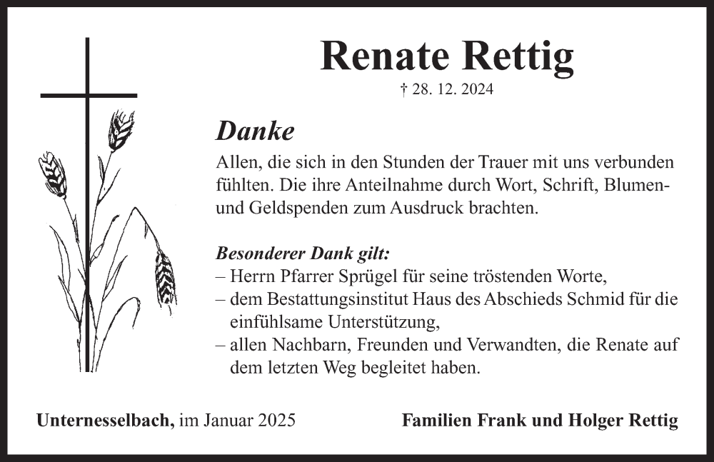  Traueranzeige für Renate Rettig vom 01.02.2025 aus Neustadt/ Scheinfeld/ Uffenheim