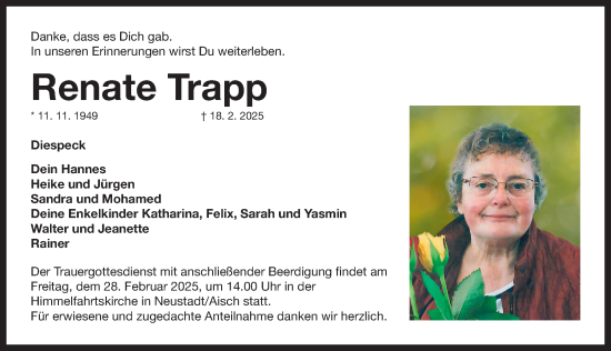 Traueranzeige von Renate Trapp von Neustadt/ Scheinfeld/ Uffenheim