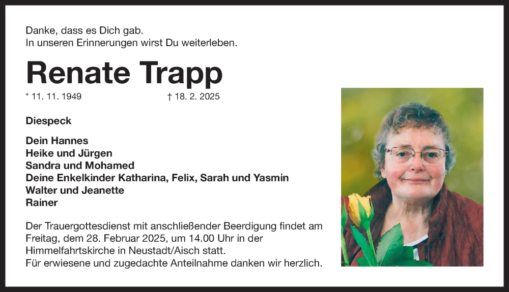  Traueranzeige für Renate Trapp vom 25.02.2025 aus Neustadt/ Scheinfeld/ Uffenheim