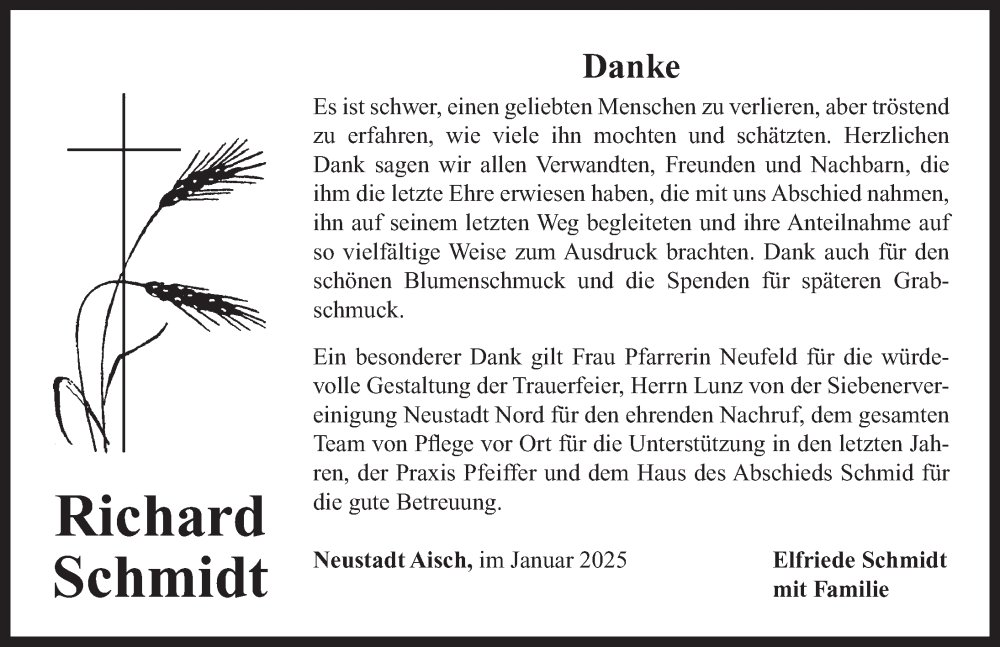  Traueranzeige für Richard Schmidt vom 08.02.2025 aus Neustadt/ Scheinfeld/ Uffenheim