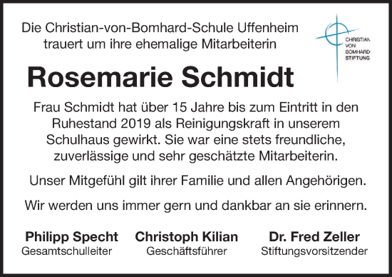 Traueranzeige von Rosemarie Schmidt von Neustadt/ Scheinfeld/ Uffenheim