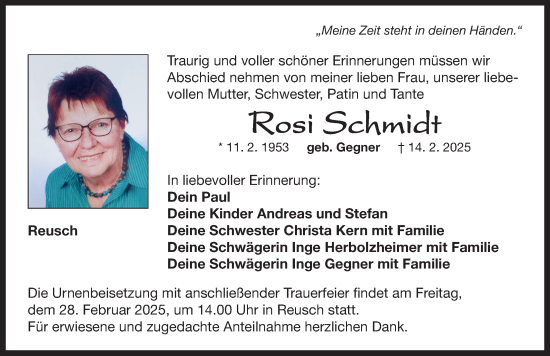 Traueranzeige von Rosi Schmidt von Neustadt/ Scheinfeld/ Uffenheim