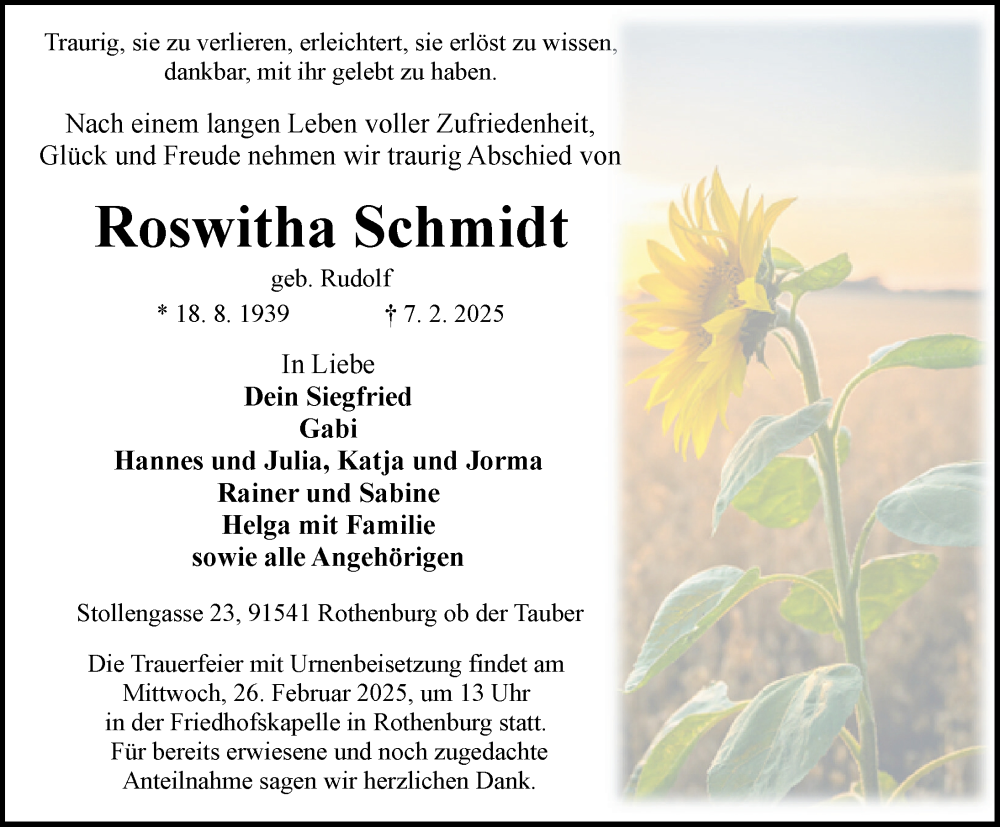  Traueranzeige für Roswitha Schmidt vom 22.02.2025 aus Rothenburg